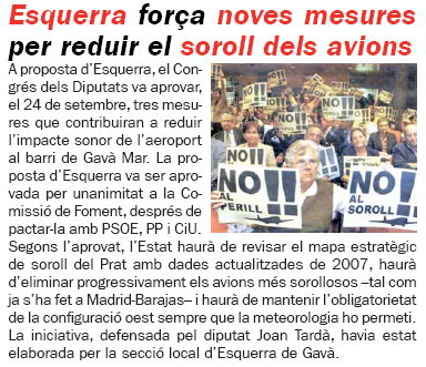 Not&iacute;cia publicada al n&uacute;mero 62 de la publicaci&oacute; L'ERAMPRUNY&Agrave; sobre l'aprovaci&oacute; al Congr&eacute;s dels Diputats de la proposici&oacute; no de Llei per minimitzar l'&uacute;s de la configuraci&oacute; est a l'aeroport del Prat (Octubre de 2008) (N&uacute;mero 62)